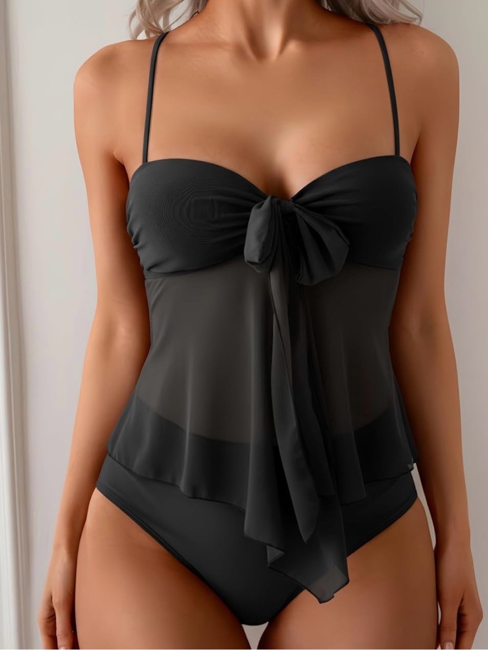 NWOT B2prity Flowy Black Mesh Tankini
Swimsuit 2Pc V-neck Tie Knot Women’s XL